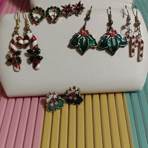 Vintage Painted Enamel Crystal Wreath Candy Canes Drop Post Earrings Lot Xmas